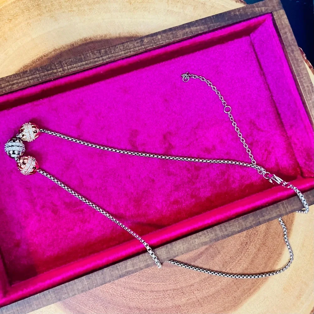 Tri Tone Filigree Bead Necklace 18K Gold Filled CZ Embellished NWOT